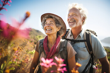 Wall Mural - Senior hiker couple wearing casual clothes taking a walk in Hawaiian scenery. Adventurous elderly man and woman with backpacks. Hiking and trekking on a nature trail.