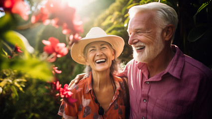 Senior hiker couple wearing casual clothes taking a walk in Hawaiian scenery. Adventurous elderly man and woman with backpacks. Hiking and trekking on a nature trail.