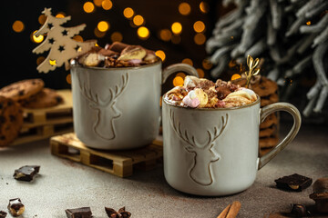 Wall Mural - Christmas hot chocolate or cocoa with marshmallow on festive background