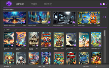 Fictitious video game launcher library app. My own original, generic design.