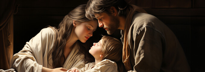 Wall Mural -  traditional Catholic art representation of the Holy Family.AI generativ.