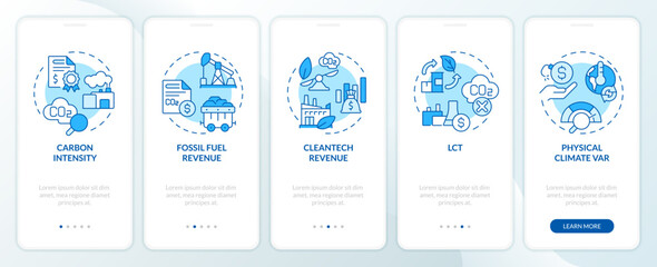 Sticker - 2D icons representing climate metrics mobile app screen set. Walkthrough 5 steps blue graphic instructions with thin line icons concept, UI, UX, GUI template.