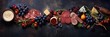 An extensive selection of meat delicacies, cheeses, berries, and grapes presented on a dark textured surface for a culinary delight. Food banner