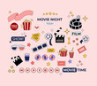 © Darina - Collection of movie clip art elements. Hand drawn cartoon design in y2k style. Film, popcorn, ticket, 3d glasses illustraton in 2000s or stickers, labels, tags, patches. Vector