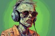 Zombie man with headphones listening to music
