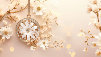 Round necklace with gems and flowers on a yellow background. Empty space for product placement or promotional text.