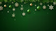 Festive Christmas banner with snowflakes, neon garlands, baubles on green background