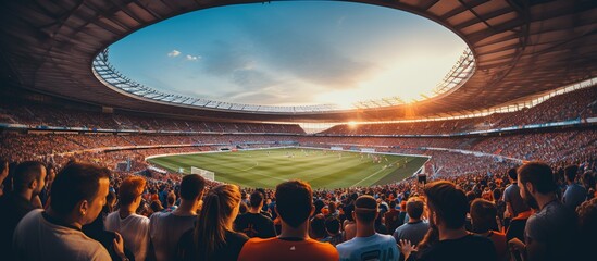 A crowded football stadium during a match.