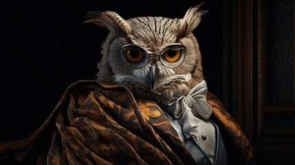 Wall Mural -  a painting of an owl dressed in a tuxedo with a bow tie and an owl's head sticking out of the top of it's coat.  generative ai