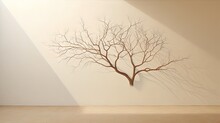  A Bare Tree In A Corner Of A Room With A Light Shining On The Wall And The Shadow Of The Tree On The Wall Is Cast Off Of The Floor.  Generative Ai
