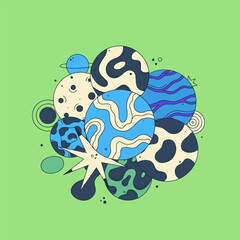 Wall Mural - Vibrant vector illustration with abstract patterned planets, stars on green background. Bright galactic. Cartoon space. Playful, surreal, and colorful style. Notebook cover, poster, t-shirt print