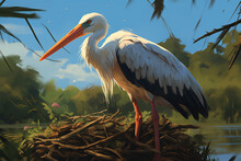 Illustration Of A Painting Of A Stork In Nature