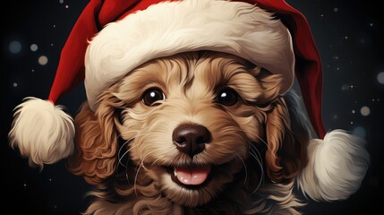 Wall Mural -  a close up of a dog wearing a santa hat with snow flakes on it's back and a black background with snow flecked snowflakes.  generative ai