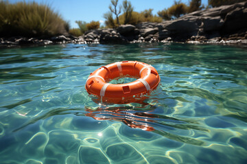 Poster - A photograph of a circular object, such as a buoy or a boat's lifebuoy, casting perfectly circular reflections. 