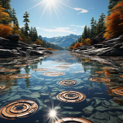 Aufkleber - A dynamic image capturing the moment a stone skips across a lake, leaving a trail of concentric ripples behind. 