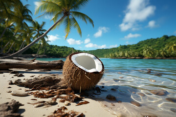 Poster - A single coconut resting on a pristine sandy beach, surrounded by turquoise waters and palm trees.  