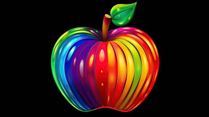 Wall Mural -  a colorful apple on a black background with a green leaf on the tip of the top of the apple, with a black background with a green leaf on the top of the bottom of the apple.  generative ai