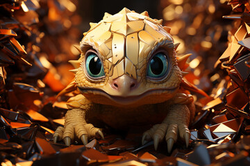 Fototapete - A creative depiction of a hatchling emerging onto a path formed by cracked eggshells, signifying the journey ahead 