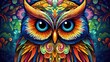  a colorful owl with big blue eyes on a dark background with a pattern of flowers and swirls on the wings of the owl is painted in bright colors of red, yellow, orange, blue, orange,.  generative ai