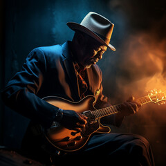 Bluesman play on guitar blues rock under stage light. Festival music concert with songs. Black skin guitarist in hat. Retro style.