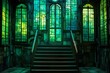 Staircase leading to the window of a church with green glass