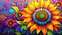  A Painting Of A Sunflower On A Purple, Blue, Green, Yellow, And Red Background With Swirls And Bubbles In The Bottom Half Of The Image.  Generative Ai
