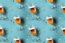 Seamless Pattern With Glasses Of Champagne Alcohol On Blue Background. Festive Background For Wrapping Paper Decoration