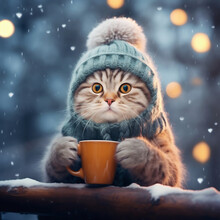 Cute Cat In Winter Hat And Scarf With Cup Of Hot Drink