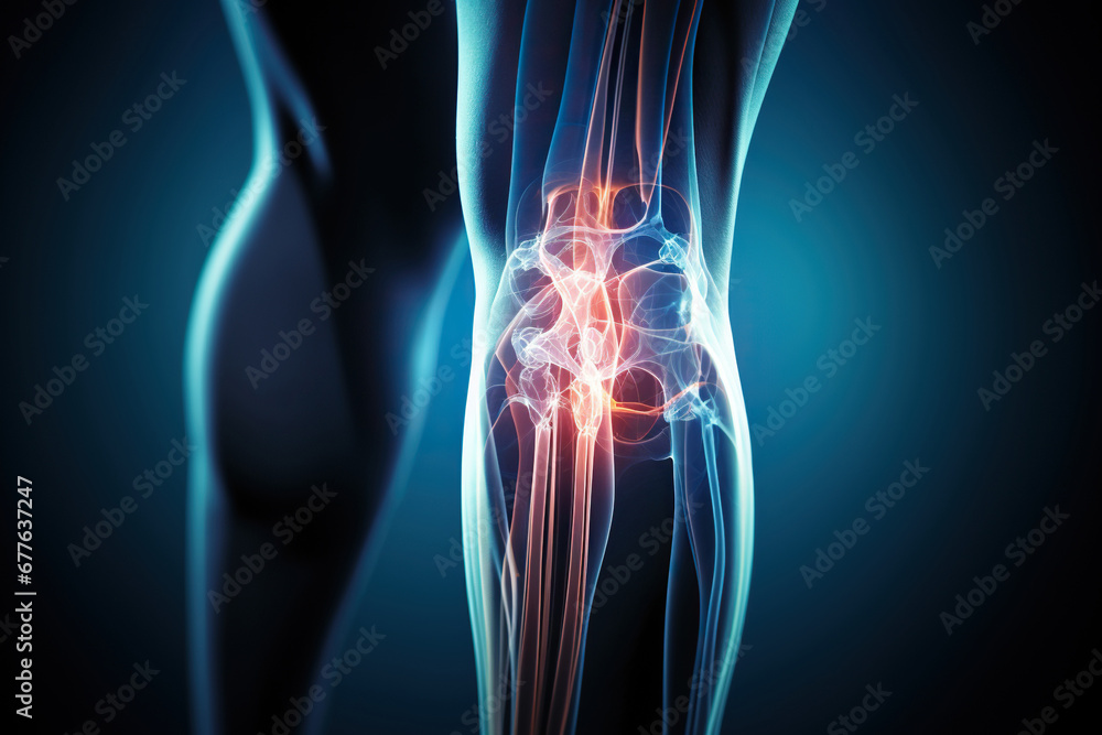 Legs of a man with knee pain in the form of an x-ray on a dark ...