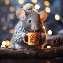 Cute Little Mouse With Cup Of Hot Drink On Christmas Background
