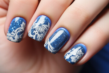 Christmas manicure on women's hands with blue and white colors and with holiday design