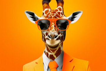 Sticker - A picture of a stylish giraffe wearing sunglasses and a suit. This image can be used to add a touch of humor and uniqueness to various design projects