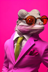 Wall Mural - A lizard dressed in a suit and wearing sunglasses stands confidently on a vibrant pink background. This image can be used to add a touch of humor and style to various projects