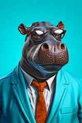 Wall Mural - A picture of a hippo dressed in a formal suit and tie. This image can be used to depict a humorous or unexpected situation in business or formal settings