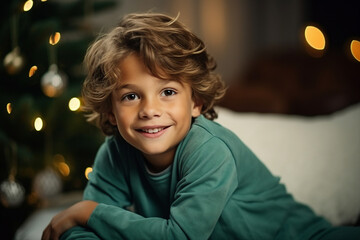 Generative AI portrait of small funny child believe in santa claus waiting christmas gifts presents