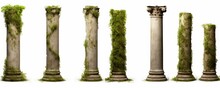 Set Of Antique Columns, Collection Of Overgrown Pillars Isolated On White Background, Generative AI