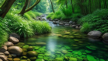Water Flow In The Forest With Beautiful Green 