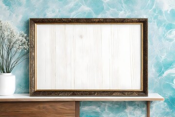 Wall Mural - vintage frame mockup in light blue minimal interior