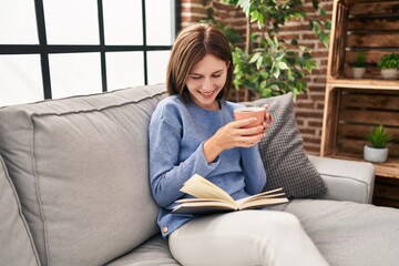 Poster - Young blonde woman drinking coffee reading book at home