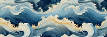 Sea Waves Pattern Background. Waves Pattern. Classic Japanese Waves In Modern Design,Blue And White Lines. Element For Design. Storm Ocean. Posters And Prints