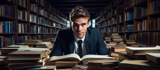 Poster - The young man with a background in business is isolated in a school library engrossed in a book with white pages furthering his education in a room filled with the happy smiles of fellow st