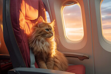 Fluffy Ginger Cat Sitting On Blue Airplane Seat Looking At Window Traveling And Flying With Pets Concept