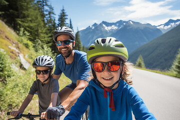 Wall Mural - Cycling family of three in mountain road