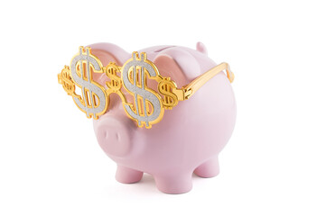 Canvas Print - Pink piggy bank wearing golden glasses with dollar sign isolated on white background with clipping path