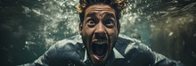 Businessman Diving Underwater And Screaming. It Represents A Metaphorical Depiction Of Stress, Frustration, Or Feeling Overwhelmed In A Business Context, Facing Intense Pressure 