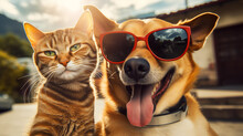 Selfie Cat And Dog Wearing Sunglasses On A Beach