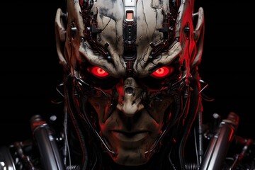 Fototapete - Scary cyborg face that will end the humanity, devil like, with empty copy space Generative AI 
