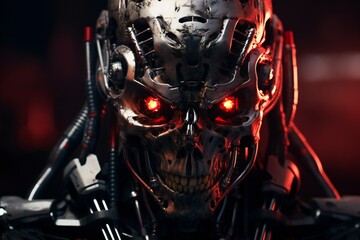 Fototapete - Scary cyborg face that will end the humanity, devil like, with empty copy space Generative AI 