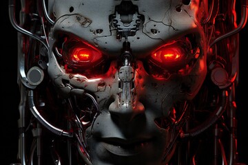 Fototapete - Scary cyborg face that will end the humanity, devil like, with empty copy space Generative AI 