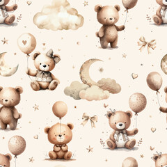 cute plush teddy bear doll seamless pattern.